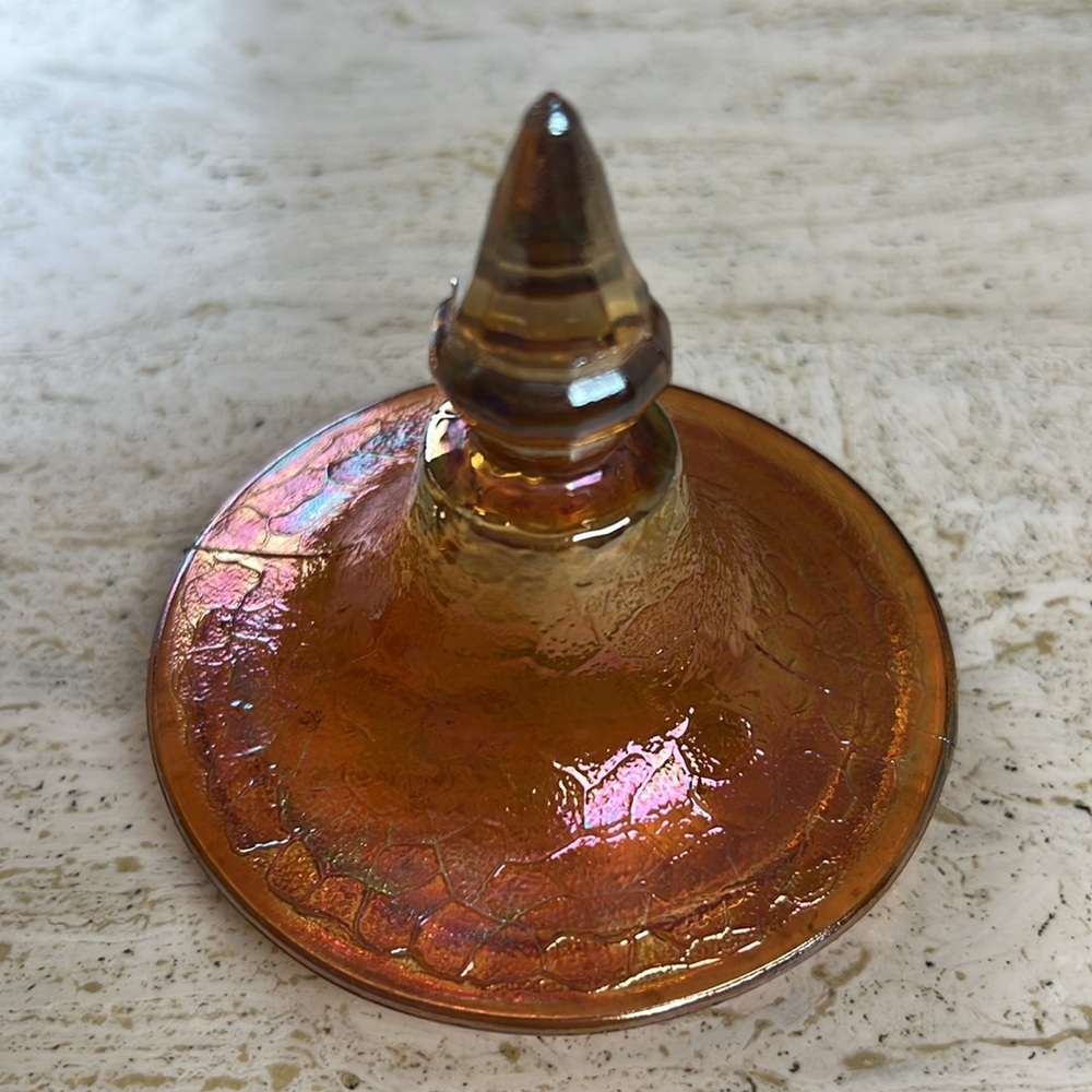 Vintage Crackle Marigold Carnival Glass Covered Footed Candy Dish - Picture 4 of 9